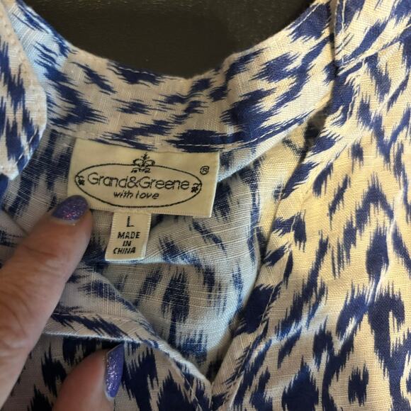 Grand and Greene Linen Blend Royal Blue White Tunic Top Size Large L V Neck - Picture 8 of 8